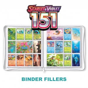 Pode incluir: Um fichário branco com zíper para cartas colecionáveis exibindo várias cartas Pokémon coloridas da coleção Scarlet & Violet 151. O fichário está aberto, mostrando duas páginas de cartas com várias ilustrações, e o texto Scarlet & Violet 151 é visível acima.