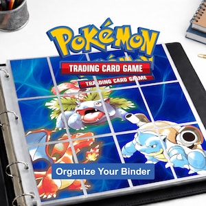May include: A black three-ring binder featuring a blue background with the Pokemon Trading Card Game logo at the top. The cover displays illustrations of Venusaur, Charizard, and Blastoise, with the text Organize Your Binder in a blue box.