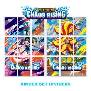 Könnte beinhalten: Ein Set von Sammelkarten-Ordner-Trennkarten mit dem Mega Evolution Chaos Rising Logo in Blau und Weiß. Die Trennkarten zeigen farbenfrohe Illustrationen verschiedener Kreaturen mit dynamischen gelben, roten und blauen Energieeffekten.