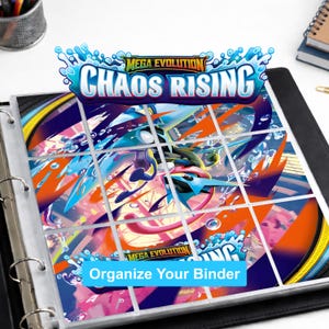 May include: A black three-ring binder containing a nine-pocket trading card page. The page features a colourful graphic with the text Mega Evolution Chaos Rising and Organize Your Binder, displaying a blue and orange stylised creature illustration.