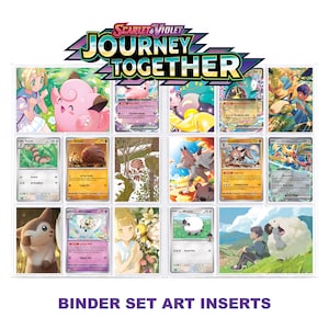 Può includere: Una collezione di inserti artistici per raccoglitori di carte collezionabili Scarlet & Violet Journey Together con vari personaggi Pokémon e allenatori illustrati, con il testo Scarlet & Violet Journey Together e Binder Set Art Inserts.