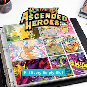 May include: A black binder containing multiple trading cards featuring colorful illustrations of various creatures, including Pikachu, Dragonite, and Gengar. The top of the binder displays the text Mega Evolution Ascended Heroes.