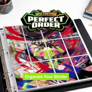 May include: A black three-ring binder containing a clear plastic trading card storage page. The page displays a colorful illustration of a green and black creature with the text MEGA EVOLUTION PERFECT ORDER and Organize Your Binder.