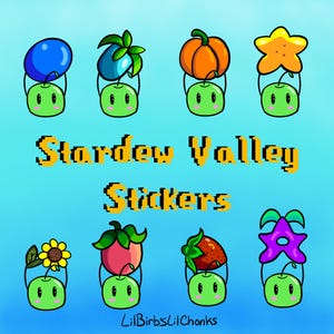 May include: A collection of Stardew Valley stickers featuring various crops like blueberries, pumpkins, and strawberries. Each crop is held by a cute green apple character. The text "Stardew Valley Stickers" is displayed in pixelated yellow font.