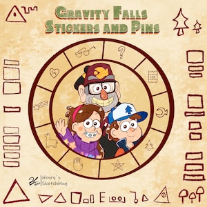 May include: A promotional image for Gravity Falls stickers and pins. The image features the characters from the show inside a circular design with various symbols. The text "Gravity Falls Stickers and Pins" is at the top.