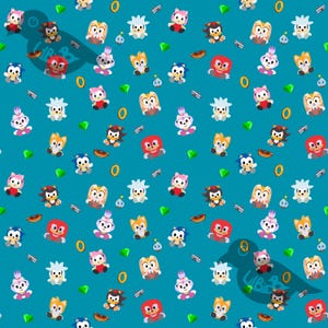 Puede incluir: Fondo turquesa con un patrón repetitivo de personajes de dibujos animados, incluyendo a Sonic, Tails, Amy Rose y Knuckles. El diseño también presenta anillos dorados, gemas verdes y pequeños objetos grises y marrones.