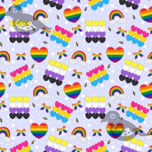 May include: A repeating pattern on a light purple background features rainbow hearts, rainbows, and heart-shaped clusters in various pride flag colors. Small yellow bows and diamond shapes are also scattered throughout the design.