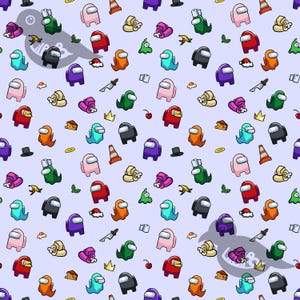 May include: A repeating pattern of colorful Among Us characters and themed icons on a light purple background. The design includes crewmates in various colors, traffic cones, knives, and other game-related elements.