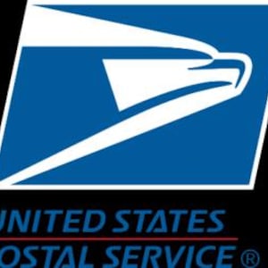May include: The United States Postal Service logo features a blue square with a white stylized eagle head and the words "UNITED STATES POSTAL SERVICE" in blue and red text. The logo is set against a black background.