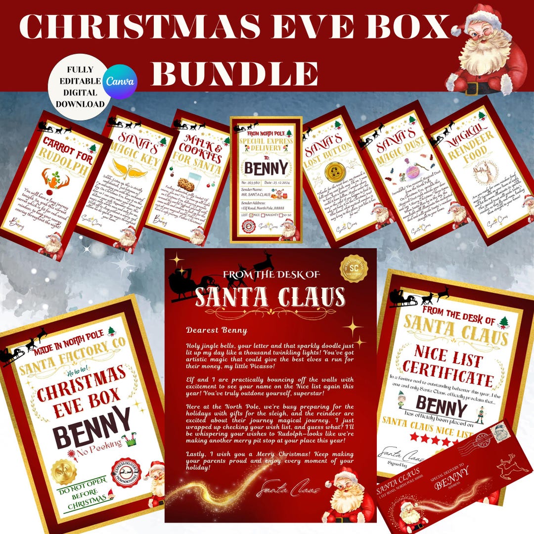 Editable Christmas Eve Box Bundle, Letter From Santa, Nice List ...