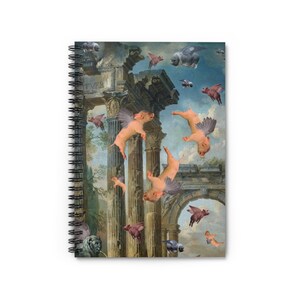 May include: Spiral-bound notebook featuring a whimsical image of flying pigs with wings against a backdrop of classical ruins. The artwork has a vintage, painterly style with a blue and beige color palette. The notebook's design is suitable for note-taking or journaling.