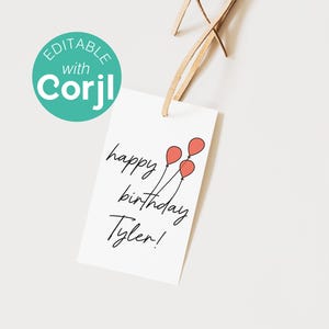 Editable Happy Birthday Gift Tag with Red Balloons, Red Balloon Birthday Gift Tag, Printable Happy Birthday Gift Tag