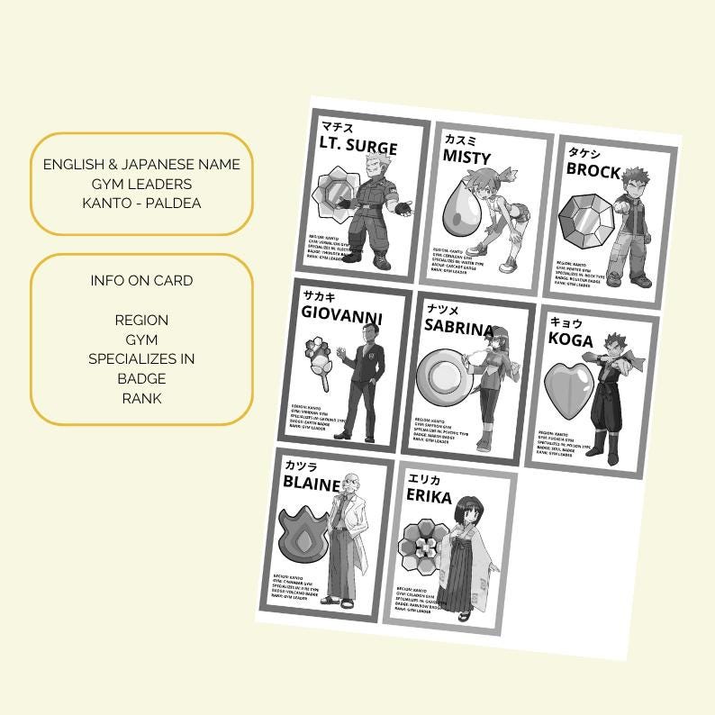 Op de afbeelding: Een verzameling van acht rechthoekige kaarten met zwart-witillustraties van personages genaamd Lt. Surge, Misty, Brock, Giovanni, Sabrina, Koga, Blaine en Erika. Elke kaart bevat Japanse en Engelse tekst, een personage en een badge-icoon.