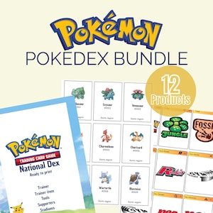 Puede incluir: Un paquete de productos de cartas coleccionables de Pokémon. La imagen presenta un "Pokédex Bundle" con 12 productos, incluyendo cartas con Pokémon como Bulbasaur, Ivysaur y Venusaur. El National Dex está listo para imprimir.