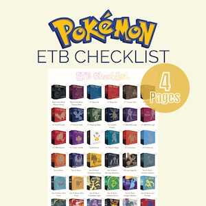 Könnte beinhalten: Eine Checkliste für Pokémon Elite Trainer Boxen (ETB). Das Bild zeigt das Pokémon-Logo und den Text "ETB CHECKLIST". Die Checkliste enthält Bilder verschiedener ETB-Boxen, mit dem Text "4 Pages" in einem gelben Kreis.