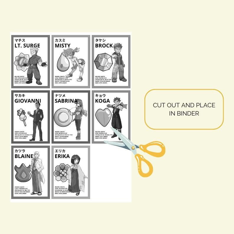 Op de afbeelding: Een vel met acht zwart-wit karakterkaarten met namen zoals Lt. Surge, Misty en Brock, samen met een gele schaar en een tekstvak met de tekst CUT OUT AND PLACE IN BINDER. Elke kaart toont een personage en een bijbehorend embleem.