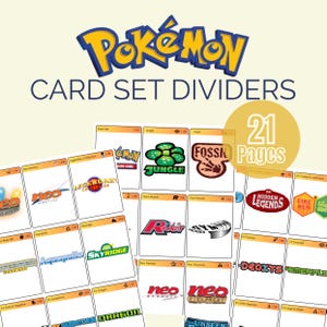 May include: White card set dividers with various Pokémon logos and set names. The image includes the Pokémon logo, the text "CARD SET DIVIDERS", and a gold circle with "21 Pages".
