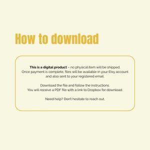 Op de afbeelding: Een digitale productinformatiegrafiek met de gele tekst How to download bovenaan. Hieronder staat een geel omrand vak met zwarte tekst waarin wordt uitgelegd dat er geen fysiek item wordt verzonden en bestanden toegankelijk zijn via een Dropbox-link in een PDF.