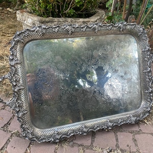 Könnte beinhalten: Ein rechteckiges silberfarbenes Serviertablett mit einem verzierten, erhabenen Rand mit detaillierten Trauben- und Weinmotiven. Die mittlere Fläche zeigt ein komplexes, geätztes Blumenmuster und das Tablett hat zwei dekorative Griffe an den Seiten.