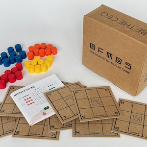 May include: A board game called "OFMOS: The Business Big Picture Game" with a brown cardboard box that says "BE THE CEO" on the top. The game includes a set of instructions, nine brown game boards, and 36 colorful wooden cylinders in red, blue, yellow, and orange.