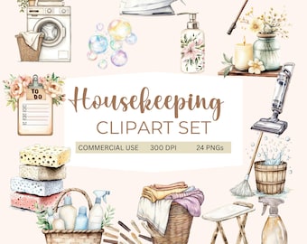 Housekeeping Clip Art, Cleaning,Laundry, Housework Illustrations, PNG, Watercolor Art, Digital Download, Commercial Use