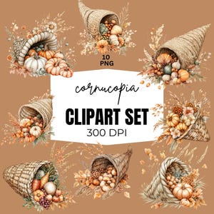 Clipart acquerello Cornucopia, PNG del Ringraziamento, Harvest ONG, Ephemera stampabile per album di ritagli, Junk Journal