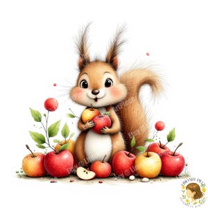 Könnte beinhalten: Eine digitale Illustration eines hellbraunen Eichhörnchens mit weißem Bauch und großen Augen, das einen roten Apfel hält. Das Eichhörnchen ist von mehreren roten und gelben Äpfeln mit grünen Blättern auf weißem Grund umgeben. Der Text Limo Art Piece ist sichtbar.