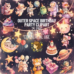 Outer Space Birthday Clipart | Watercolor Astronaut Animals, Rocket & Planet PNG for Kids Party Invitations, Cards, Scrapbooking, Decor