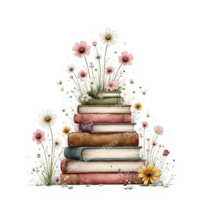 May include: Watercolor illustration of a stack of books with colorful covers, adorned with pink, white, and yellow flowers. The books are arranged in a tower, with the flowers sprouting from the top, creating a whimsical and artistic design.