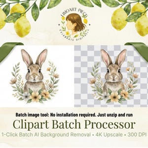 Könnte beinhalten: Aquarell-Illustration eines braunen Hasen, umgeben von einem floralen Kranz mit gelben und beigen Blumen. Das Bild ist vor einem weißen und einem transparenten Hintergrund platziert. Der Text lautet "Clipart Batch Processor".
