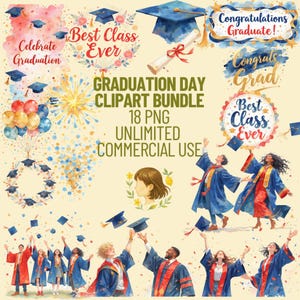 Graduation Watercolor Clipart Bundle | Class of 2025 | Cap, Diploma, Confetti | Digital Download PNG for Invitations, Cards, Sublimation