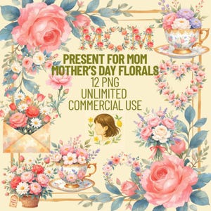 Könnte beinhalten: Ein digitaler Download von 12 floralen Illustrationen im PNG-Format. Die Illustrationen zeigen verschiedene Blumensträuße, Rosen und Blumengirlanden in Rosa, Weiß und Lila. Der Text "PRESENT FOR MOM MOTHER'S DAY FLORALS 12 PNG UNLIMITED COMMERCIAL USE" wird auf einem gelben Hintergrund angezeigt.