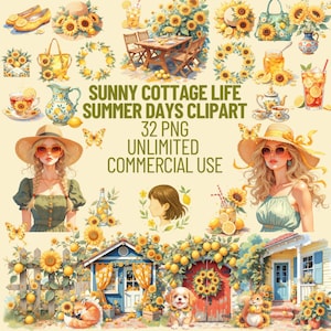Könnte beinhalten: Ein digitales Clipart-Set mit dem Thema sonniges Landleben. Das Bild zeigt Illustrationen von Sonnenblumen, Zitronen und Sommerszenen, darunter eine Tischdekoration, Getränke und Frauen mit Hüten. Der Text lautet "Sunny Cottage Life Summer Days Clipart".
