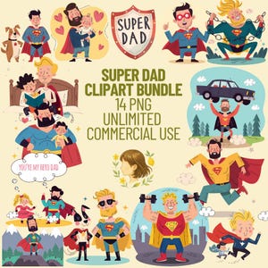 Super Dad Clipart Bundle – Cute Flat Cartoon Style, Hero Dad PNGs with Dog, Transparent Background, Father’s Day Clip Art Set