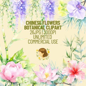 Könnte beinhalten: Aquarell-Botanikkunst mit verschiedenen Blumen, darunter rosa Lotusblüten, lila Blauregen und roter Hibiskus. Der Text lautet: "CHINESE FLOWERS BOTANICAL CLIPART 26JPG | 300DPI UNLIMITED COMMERCIAL USE."