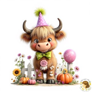 Könnte beinhalten: Eine Illustration eines flauschigen braunen Hochlandrindes mit einer rosa gepunkteten Partykappe mit grünem Bommel und einer grünen Fliege. Das Rind steht hinter einem weißen Lattenzaun mit orangefarbenen Kürbissen, Blumen und einem rosa Luftballon.
