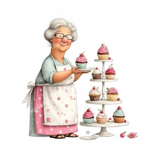 Könnte beinhalten: Illustration einer lächelnden Frau mit Brille, die einen Cupcake hält. Ein mehrstöckiger Kuchenständer zeigt Cupcakes mit rosa, weißem und blauem Zuckerguss. Die Frau trägt eine Schürze und ein Kleid mit floralem Muster.