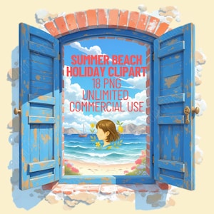 Könnte beinhalten: Illustration eines blauen Fensters mit geöffneten Fensterläden, das eine Strandszene zeigt. Das Fenster ist in einen Ziegelrahmen gesetzt. Der Text im Fenster lautet "Summer Beach Holiday Clipart 18 PNG Unlimited Commercial Use."