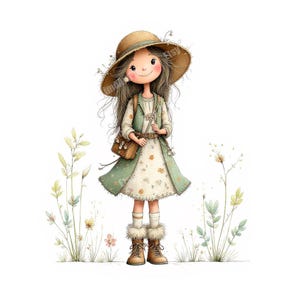 Könnte beinhalten: Digitale Illustration eines jungen Mädchens mit einem breitkrempigen Strohhut, einem grünen Mantel und einem Blumenkleid. Sie trägt eine braune Tasche und Stiefel mit Fellbesatz. Der Hintergrund zeigt zarte florale Elemente.