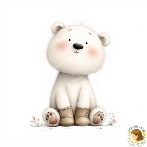 May include: A cute, cartoon-style polar bear illustration. The bear is white with pink cheeks, a black nose, and is wearing brown boots. The bear is sitting down with its paws forward, and small pink flowers are on the ground.