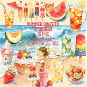 May include: A set of 16 digital illustrations featuring summer sweets and drinks. The illustrations include watermelon, ice cream, popsicles, cupcakes, fruit salad, and various beverages. The illustrations are in a watercolor style and are perfect for use in digital scrapbooking, card making, and other creative projects.  "SUMMER SWEETS & DRINKS 16 PNG UNLIMITED COMMERCIAL USE"