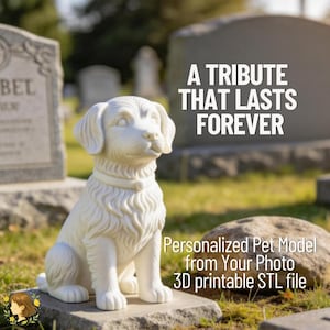 Könnte beinhalten: Eine weiße Hundestatue sitzt auf einem Stein in einem Friedhof. Die Statue ist ein detailliertes Modell eines Hundes mit Halsband. Der Text lautet "A TRIBUTE THAT LASTS FOREVER" und "Personalized Pet Model from Your Photo 3D printable STL file."