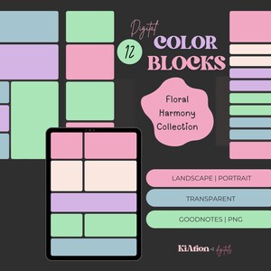 May include: A digital planner template with 12 color blocks in a floral harmony collection. The template is designed for Goodnotes and is available in landscape and portrait formats. The template is transparent and comes in a PNG format.