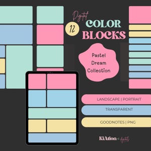 May include: Digital color blocks in pastel colors, including pink, blue, yellow, and green, are displayed on a black background. The image includes the text "Digital 12 Color Blocks" and "Pastel Dream Collection."