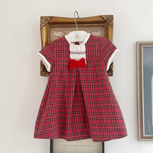 Vintage 1990s Baby Girl Red Tartan Plaid Dress with White Smocking | Holiday Dress with Red Bow and Ruffle Trim | Baby First Christmas Dress