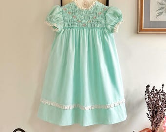 Vintage Aqua Baby Dress: Hand Smocked Lace Trim, 12-18 Months