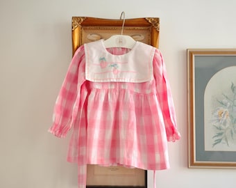 Vintage Pink Gingham Baby Dress | Embroidered Collar, Puff Sleeves