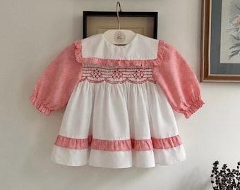 Vintage 1960s Smocked Baby Girl Dress: Red Floral Heirloom Style
