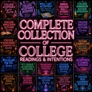 May include: A digital collage of twenty individual graphic panels featuring neon-style text and mystical imagery. The central text reads COMPLETE COLLECTION OF COLLEGE READINGS & INTENTIONS, surrounded by various titles related to college psychic readings.