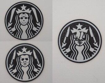 Slasher Coasters - 3D Printed Horror Coasters Jason Voorhees Michael Myers Chucky Halloween Friday the 13th Decor Scary Movie Coffee Drink